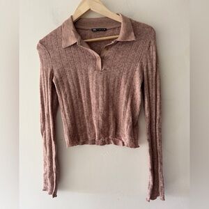 Zara Knit Brown Cropped Collared Long Sleeve Sweater Top